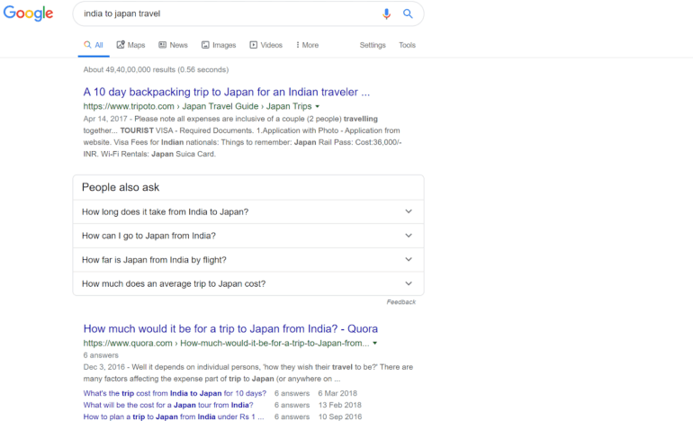 India to Japan travel search result